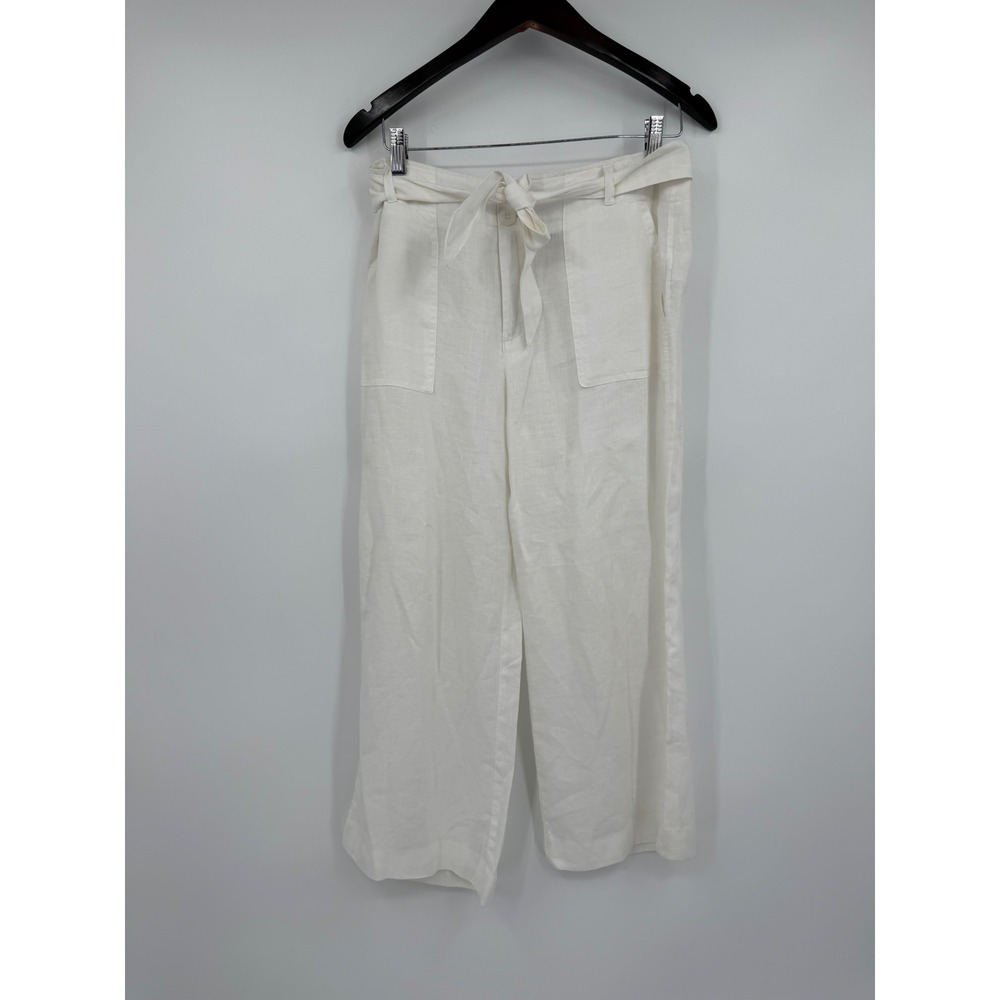 Kenar White 100% Linen Wide Leg Crop Pants with Tie Belt Womens 8
